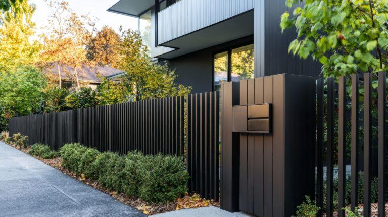 Paketkasten modern in schwarzen Zaun integriert vor Einfamilienhaus